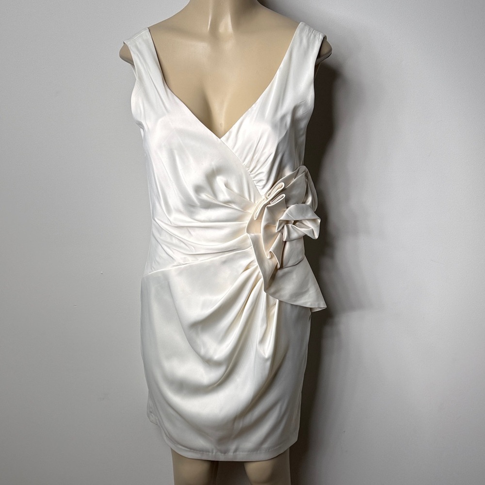 Max & Cleo Ivory Satin Wrap Dress with Side Rosette